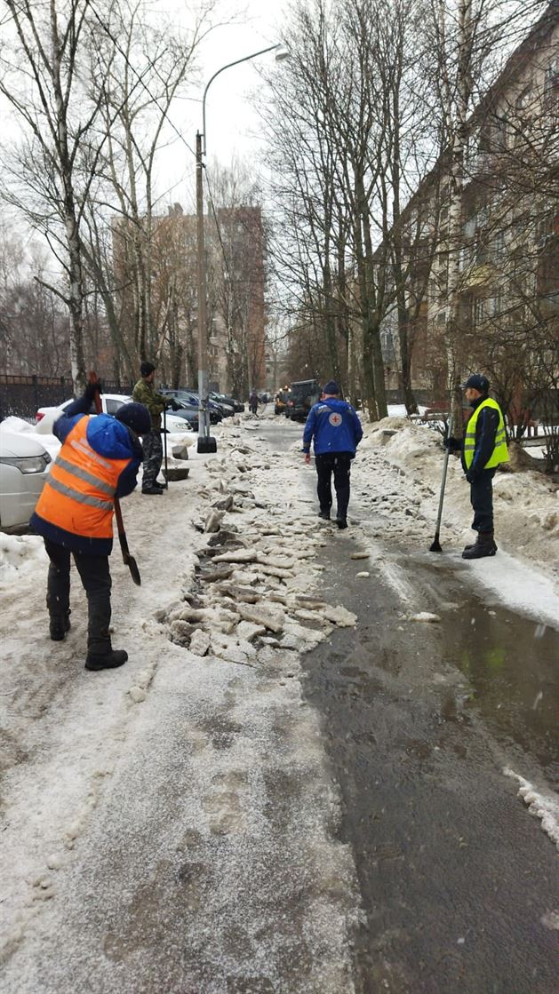 Уборка территории от снега и наледи по адресу ул. Будапештская д. 23 к. 1