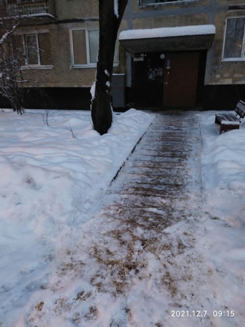 Очистка подходов к парадным от снега и наледи по адресу ул. Будапештская д. 23 к. 1