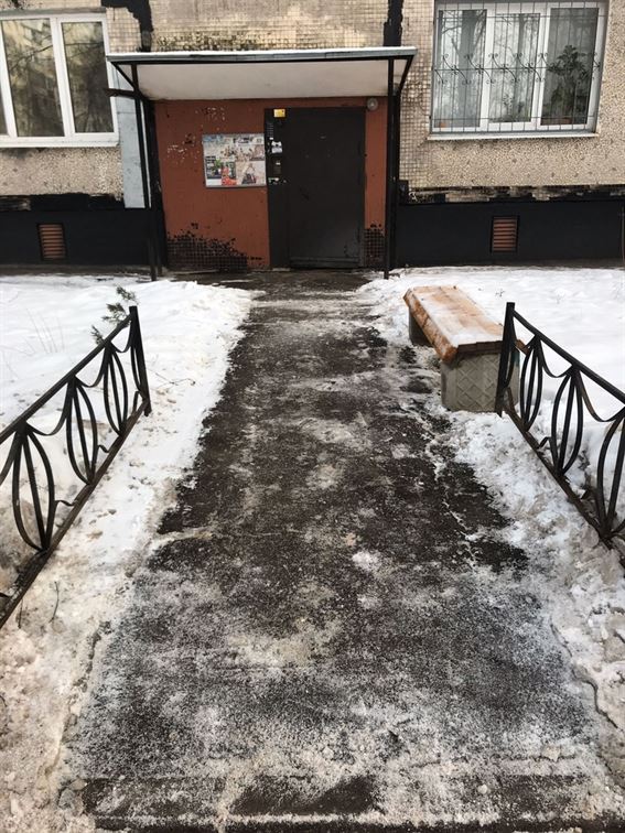 Очистка подходов к парадным от снега и наледи по адресу Альпийский пер. д. 19 к. 1 